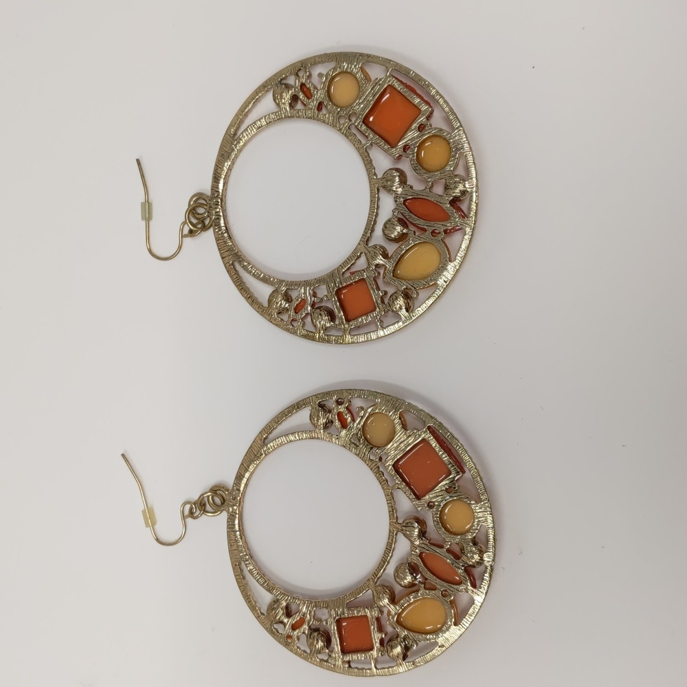 Large Circle Dangle Earrings Orange Yellow Rhinestones Gold Tone Piereced - Picture 2 of 7